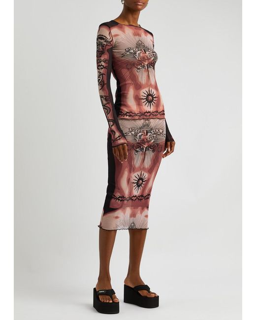 Jean Paul Gaultier Natural Safe Sex Tattoo Printed Tulle Midi Skirt