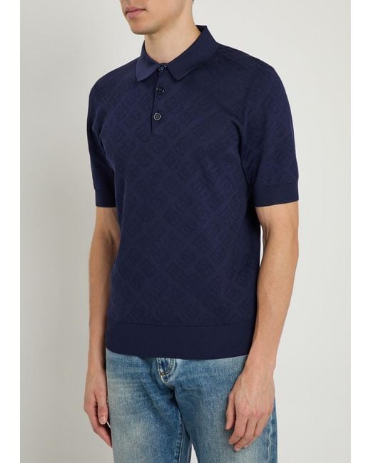 Dolce & Gabbana Blue Logo-Jacquard Silk Polo Shirt for men