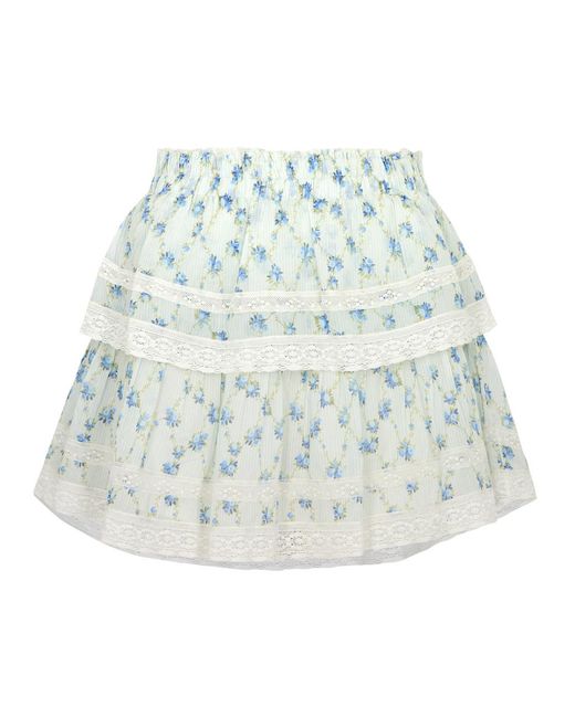 LoveShackFancy White Ruffle Floral-Print Cotton Mini Skirt