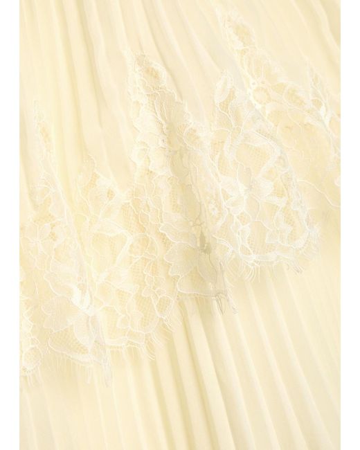 Self-Portrait Natural Tiered Lace-Trim Plissé Chiffon Midi Dress