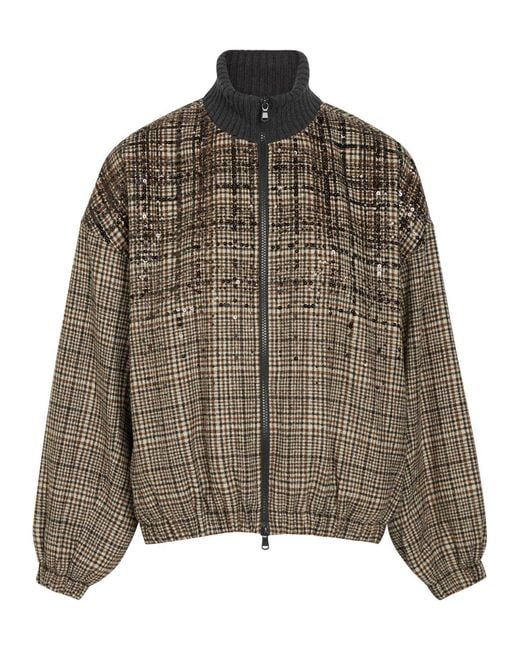 Brunello Cucinelli Brown Padded Houndstooth Alpaca-Blend Bomber Jacket