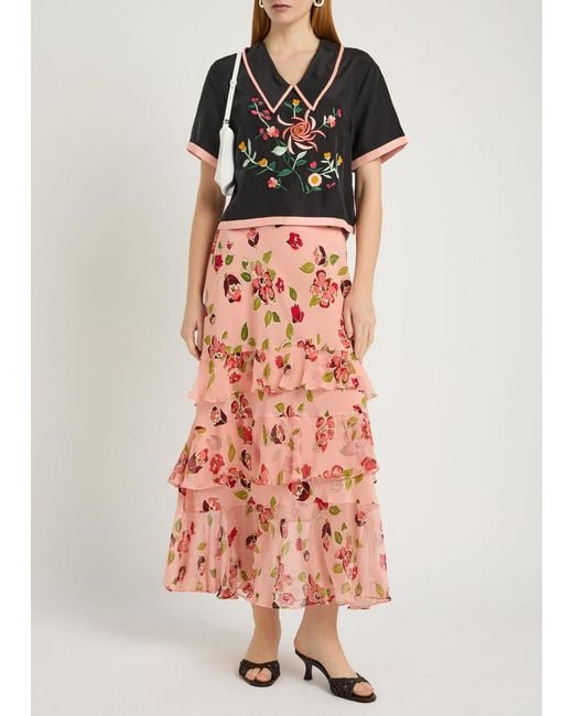 Rixo Red Preslee Floral Ruffled Silk-Chiffon Midi Skirt