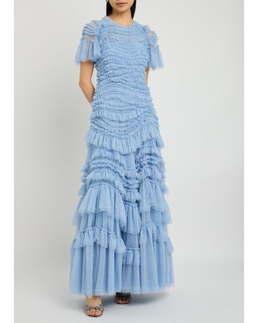 Needle & Thread Blue Rose Ruffled Tulle Gown