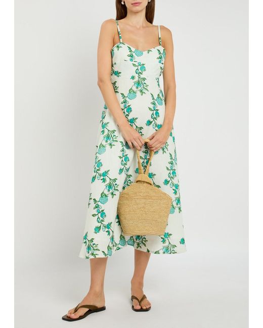 Hannah Artwear Green Elena Printed Linen Midi Dress