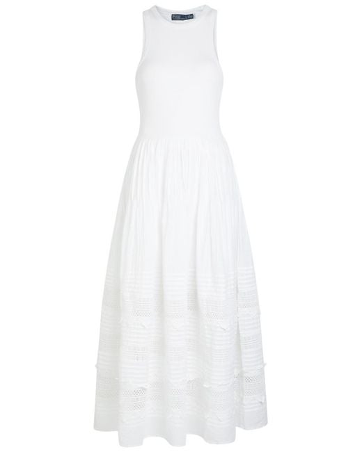 Polo Ralph Lauren White Embroidered Stretch-Cotton Midi Dress