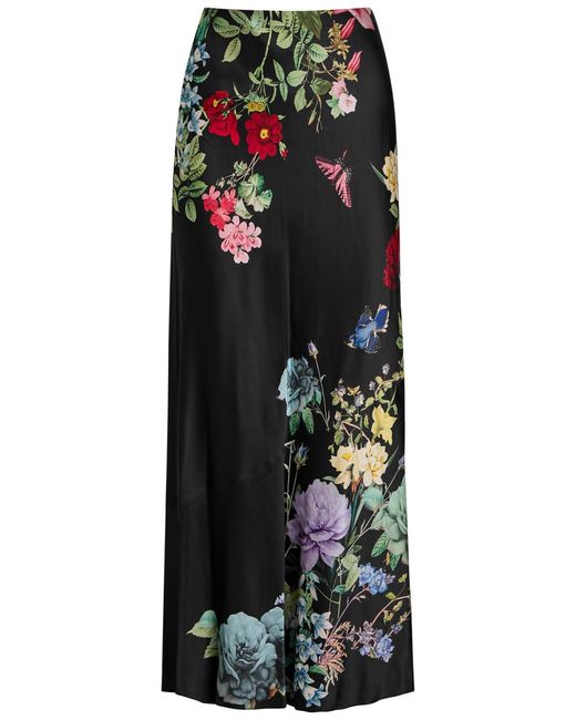Alice + Olivia Black Terese Floral-Print Satin Maxi Skirt