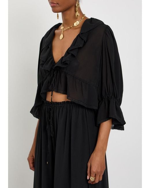 Chloé Black Ruffled Cropped Silk-Chiffon Top