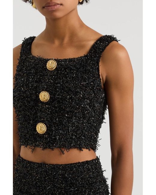 Balmain Black Frayed Cropped Bouclé Tweed Top