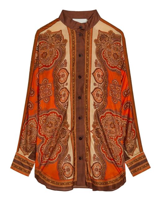 Zimmermann Orange Mohon Printed Silk Shirt