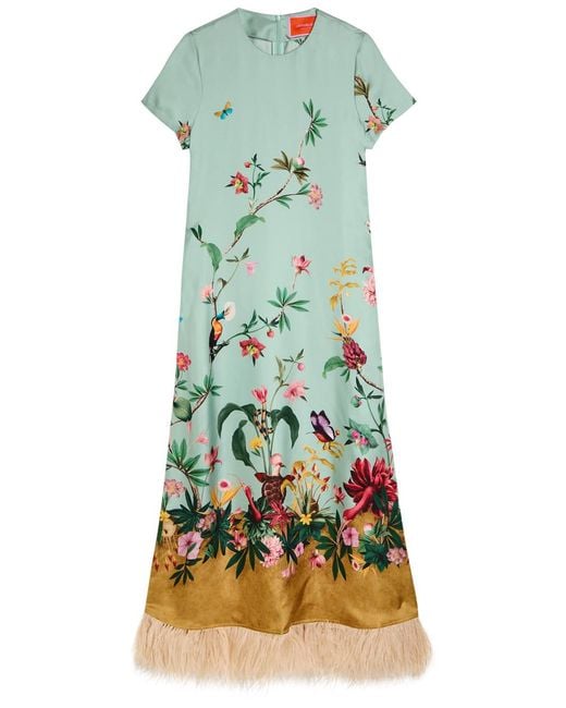 LaDoubleJ Green Swing Floral-Print Feather Hem Silk Maxi Dress