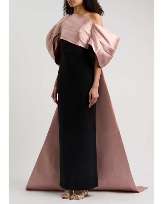 Solace London Black Raye Draped Satin And Crepe Gown