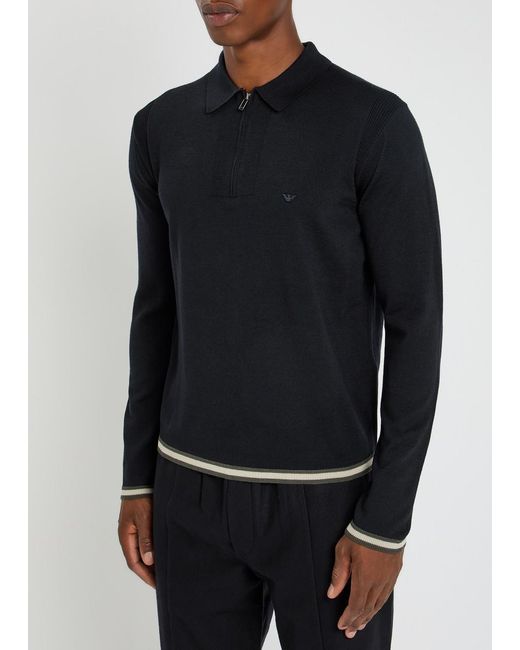 Emporio Armani Black Half-Zip Wool-Blend Polo Shirt for men