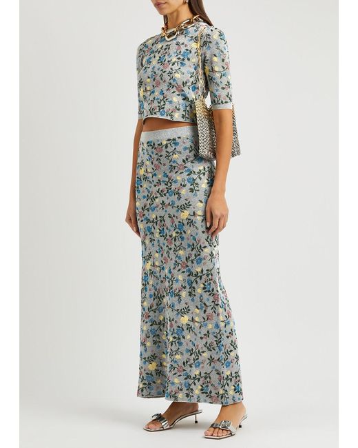 Rabanne Gray Glittered Floral-jacquard Knitted Midi Skirt