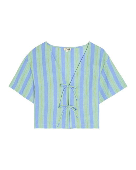 Staud Blue Ava Striped Tie-Front Linen Blouse