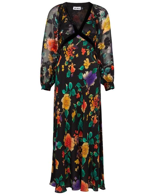 Rixo Black Ayla Floral-print Chiffon Maxi Dress