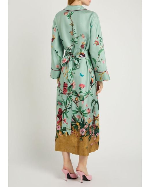 LaDoubleJ Green Midnight Printed Silk Midi Wrap Shirt Dress