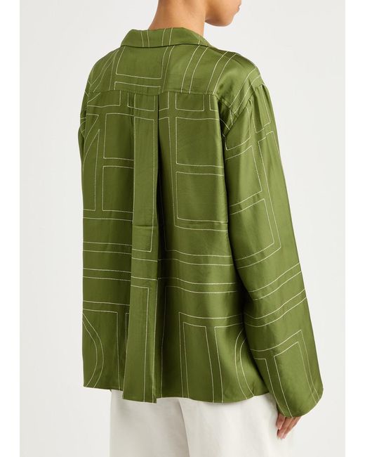 Totême  Green Logo-Embroidered Silk-Satin Shirt
