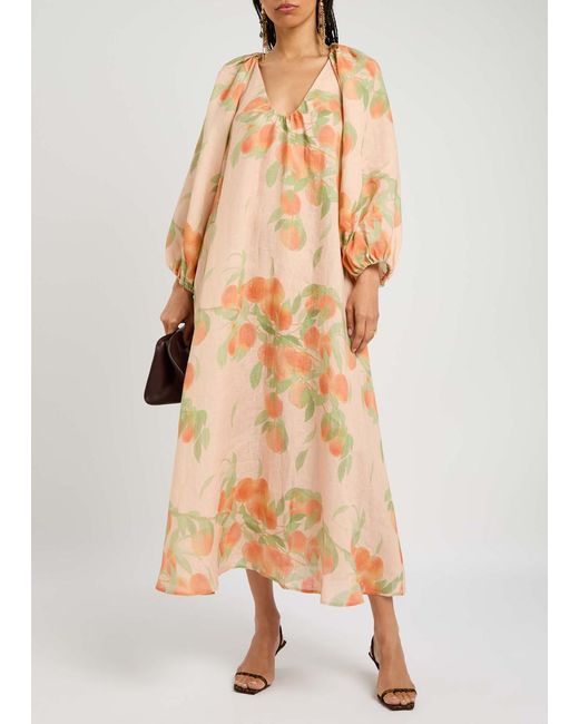 BERNADETTE Natural Georgette Printed Linen Midi Dress