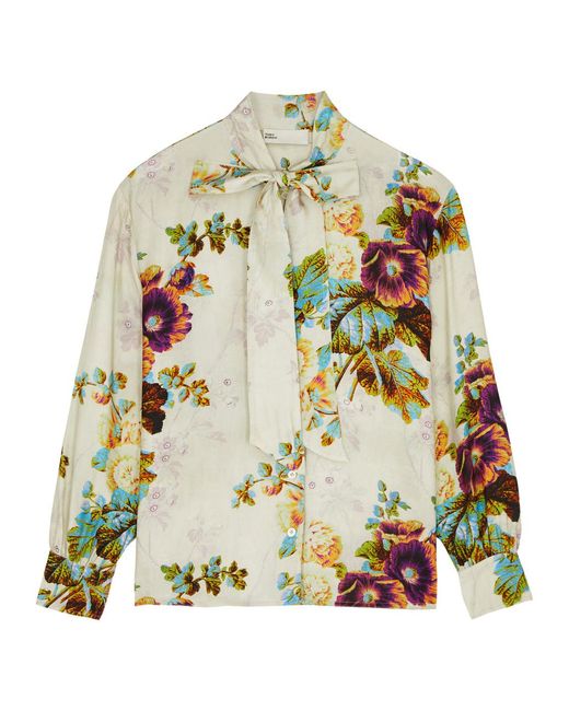 Tory Burch White Floral-print Hammered Satin Blouse