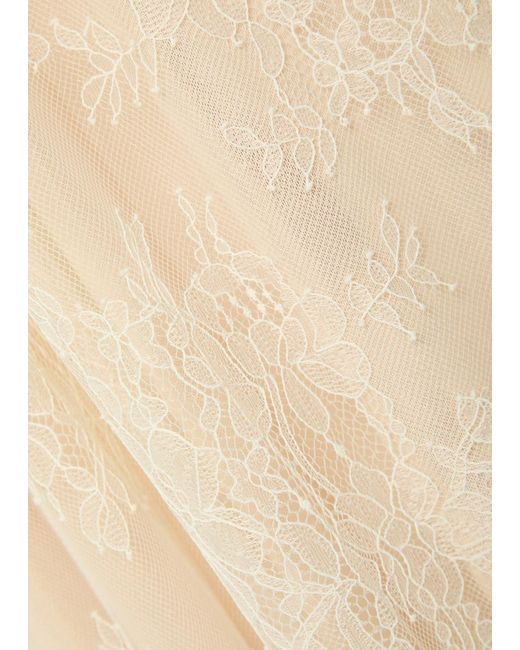 De La Vali White Amora Scarf-Effect Lace Gown