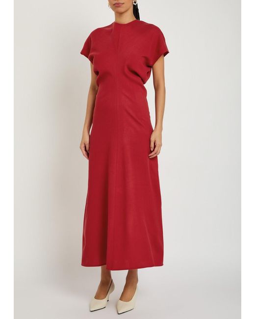 Totême Red Fitted-Waist Wool Midi Dress