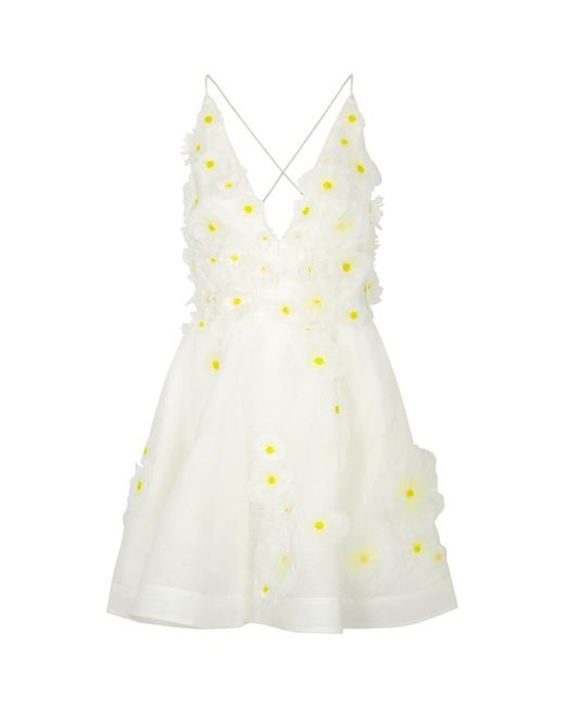 Zimmermann White Daisy Floral-appliquéd Organza Mini Dress