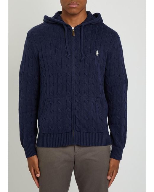 Polo Ralph Lauren Blue Logo-Embroidered Hooded Cable-Knit Cotton Jumper for men