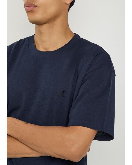 Saint Laurent Blue Logo-Embroidered Piqué Cotton-Blend T-Shirt for men