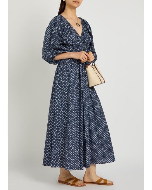 Matteau Blue Printed Cotton-Poplin Midi Dress