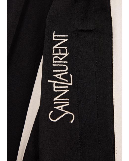 Saint Laurent Black Logo-embroidered Cropped Satin Trousers