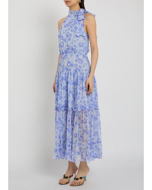 Rixo Blue Abi Floral-Print Chiffon Maxi Dress