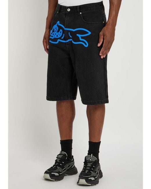 ICECREAM Black Running Dog Printed Denim Shorts for men