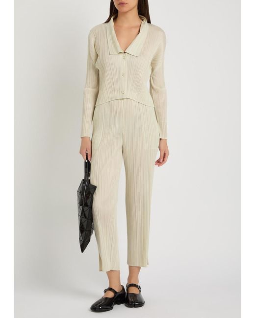 Pleats Please Issey Miyake Natural Pleated Straight-Leg Woven Cropped Trousers