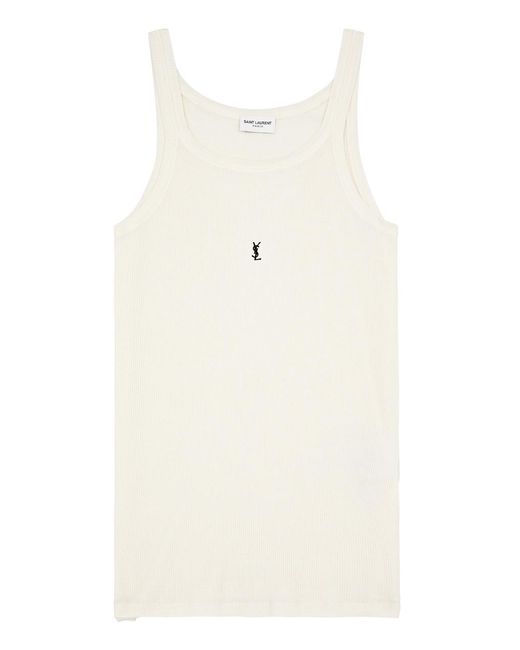 Saint Laurent White Logo-embroidered Ribbed Cotton Tank for men