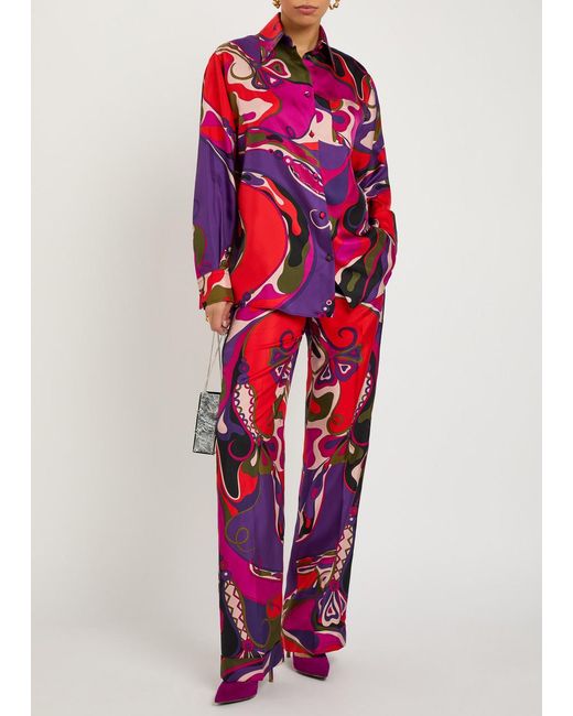 Emilio Pucci Red Orchidee Printed Silk Trousers