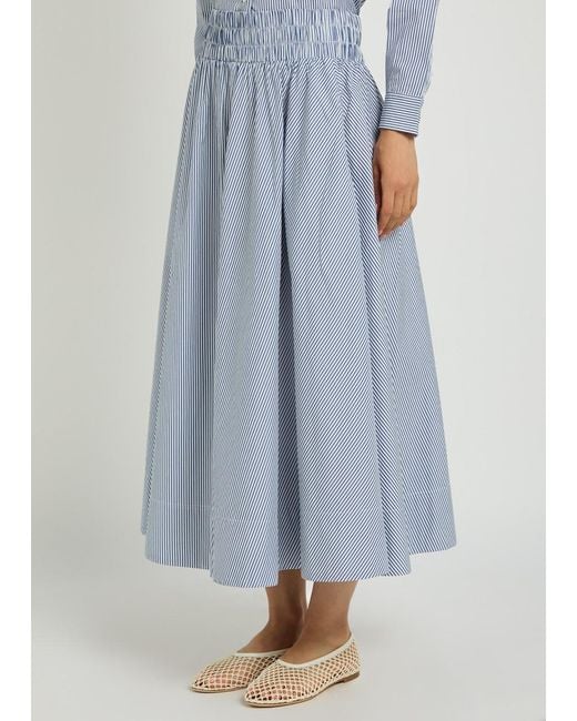 Suzie Kondi Blue Kyria Striped Cotton-Poplin Midi Skirt