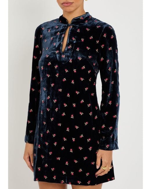 Rixo Blue Calla Floral-Embroidered Velvet Mini Dress