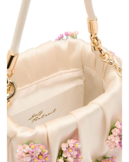Self-Portrait Natural Floral Bead-Embellished Satin Tote