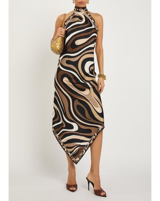 Emilio Pucci White Halterneck Printed Silk Midi Dress