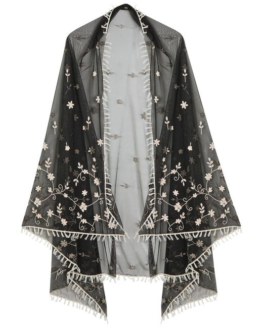 Totême  Black Floral-Embroidered Tulle Shawl