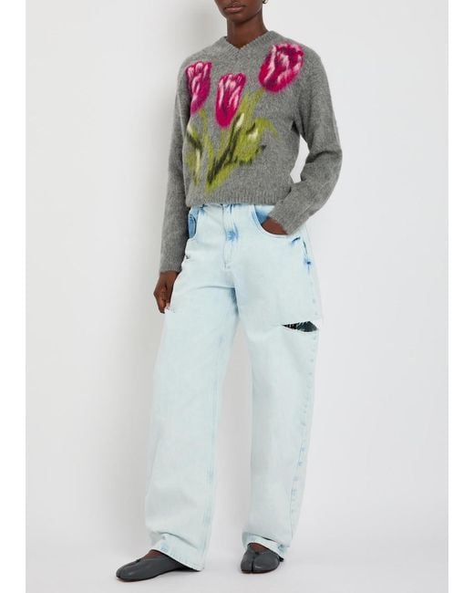 Maison Margiela Gray Floral-Intarsia Brushed Wool-Blend Jumper