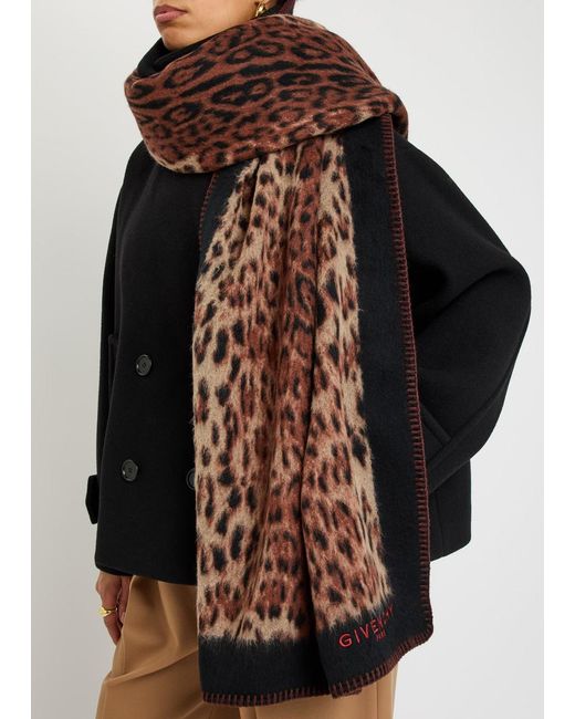 Givenchy Brown Leopard-Print Brushed Wool Scarf