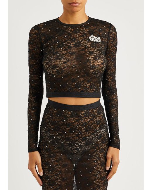 Alessandra Rich Black Crystal-embellished Cropped Lace Top