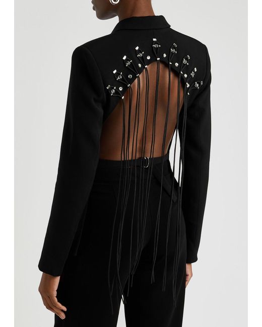 Nafsika Skourti Black Intricate Embellished Open-Back Fringed Blazer