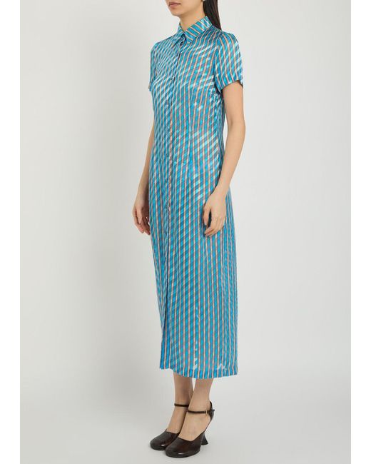 Dries Van Noten Blue Doud Bis Striped Dévore Midi Shirt Dress