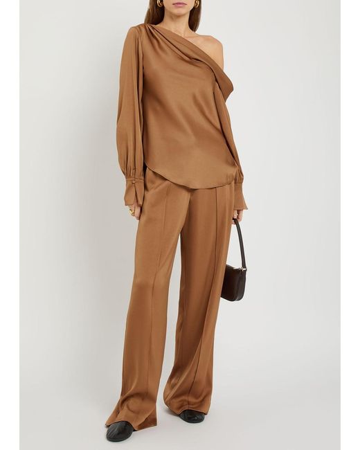 Jonathan Simkhai Brown Kyra Pintuck Wide-Leg Satin Trousers