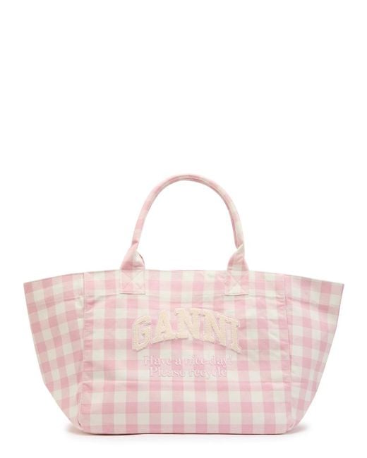 Ganni Pink Vichy Xxl Checked Shopper Canvas Tote