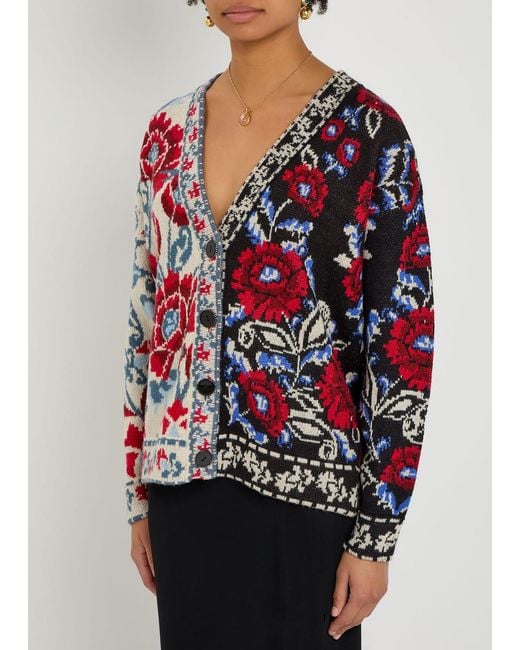 Farm Rio Red Mixed Valentina Floral-Jacquard Knit Cardigan