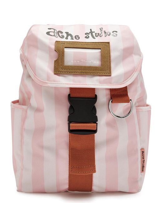 Acne White Logo Striped Canvas Backpack