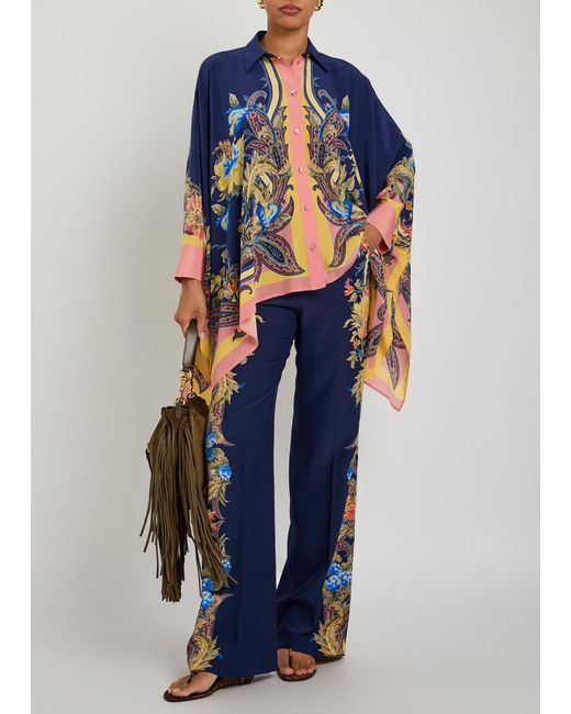 Etro Blue Printed Straight-Leg Silk Trousers